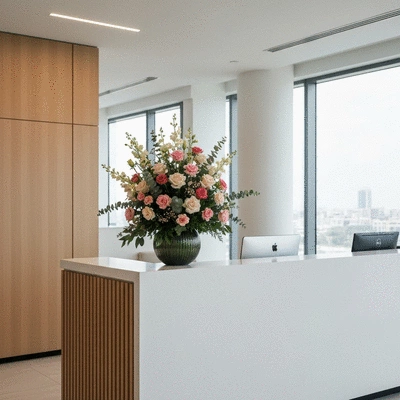 Modern office space with a stylish, customizable corporate flower arrangement on a reception desk in Dubai, no text, no words, no typography, no labels, clean image