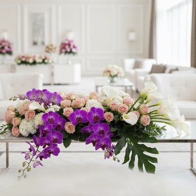 Luxurious wedding floral arrangement with roses and orchids