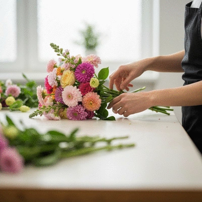 Hand arranging a fresh bouquet of colorful flowers for delivery