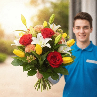 Beautiful bouquet of fresh, colorful flowers being delivered to a doorstep