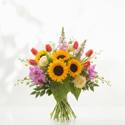 A beautifully arranged bouquet of fresh, vibrant flowers on a clean background, showcasing quality and artistry, no text, no words, no typography, 8K