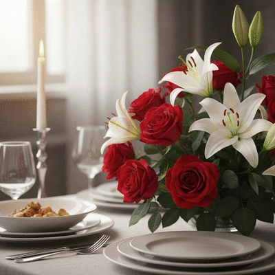Beautiful bouquet of red roses and white lilies on a elegant table setting