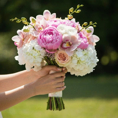 Elegant hands holding a beautifully arranged bridal bouquet with a mix of traditional and exotic flowers, soft focus background