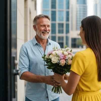 Person receiving a beautiful bouquet of fresh flowers at their doorstep in Dubai, with modern city background, no text, no words, no typography, clean image