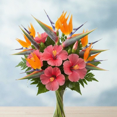 Vibrant exotic flower bouquet with Bird of Paradise and Hibiscus