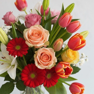 Close-up of vibrant seasonal flowers arranged in a beautiful bouquet