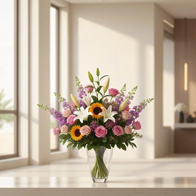 Beautiful flower arrangement with various colorful blooms, suitable for a birthday celebration in Dubai, elegant background