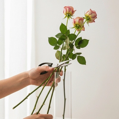 Close-up of a person trimming the stems of a wilting rose bouquet with scissors, preparing them for rehydration in a clean vase