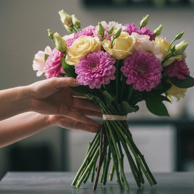 Hand adjusting a bouquet of fresh flowers for arrangement