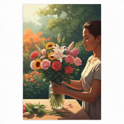 Person trimming flower stems for longevity, bright and clean background