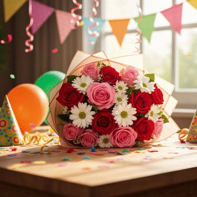 Vibrant birthday bouquet with roses and daisies on a festive table
