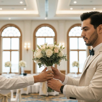 Wedding bouquet being delivered by hand, close up