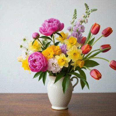 Variety of seasonal flowers in a thoughtful arrangement, supporting local growers