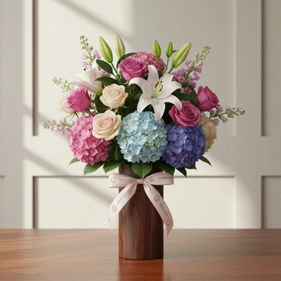 Customized flower bouquet with company colors and a personalized card