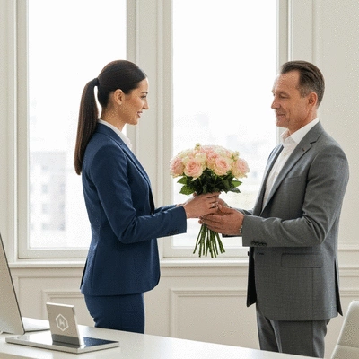 Professional business setting with a client receiving a personalized floral gift