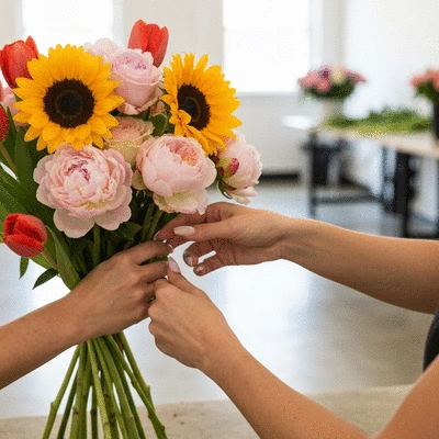 Close-up of a hand arranging fresh flowers into a beautiful bouquet, depicting personalization and care, no text, no words, no typography, clean image