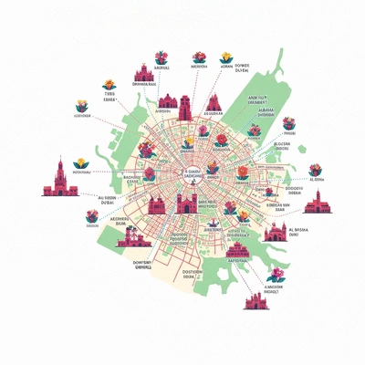 Stylized map of Dubai with flower delivery routes highlighted