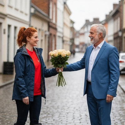 A delivery person quickly handing over a flower bouquet to a customer
