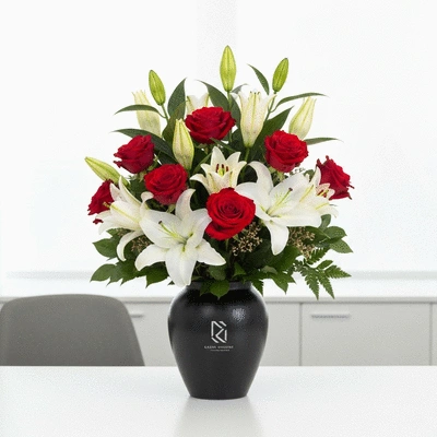 Elegant bouquet of corporate flowers on a modern office desk