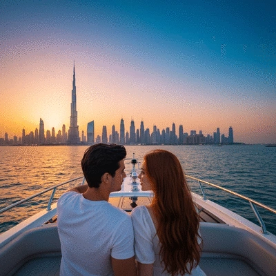 Couple enjoying a romantic yacht cruise in Dubai at sunset