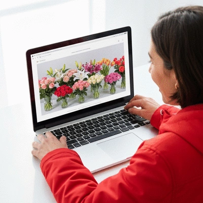 Person browsing online flower shop on a laptop, with a bouquet of flowers on the desk