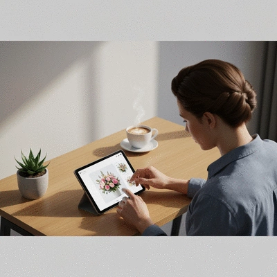 Person browsing flower arrangements on a tablet with a cup of coffee