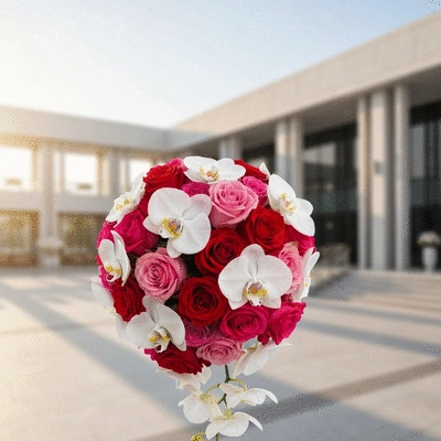 Luxurious wedding bouquet with roses and orchids, modern Dubai setting
