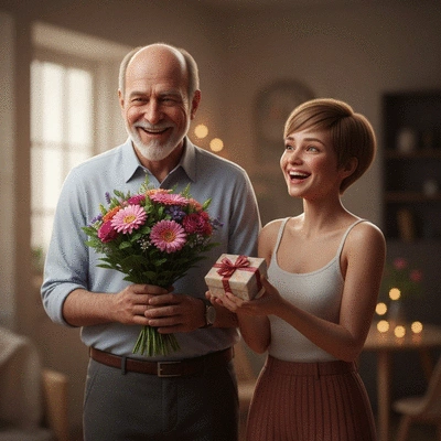 Couple celebrating anniversary with flowers and a gift