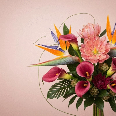 Close-up of a custom flower arrangement with vibrant exotic blooms