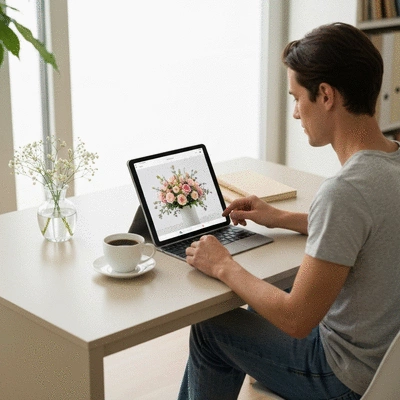 Person browsing flower arrangements on a tablet with a cup of coffee