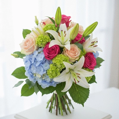 Close-up of fresh, vibrant wedding flowers in a beautiful arrangement