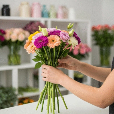Elegant hands arranging a bouquet of colorful flowers in a florist's shop, focus on the flowers and hands, professional setting