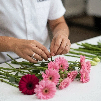 Close-up of a florist arranging heat-resistant flowers for an outdoor wedding in Dubai, hands visible, professional setting