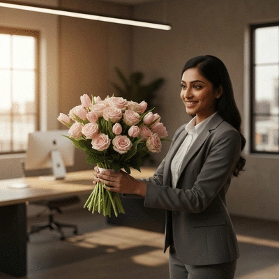 Elegant bouquet of flowers being delivered to an office setting