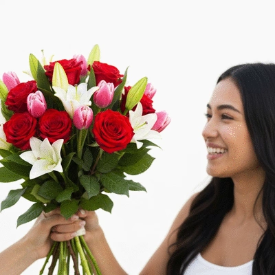 Beautiful bouquet of fresh, vibrant flowers being delivered to a happy recipient in Dubai