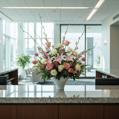 Elegant floral arrangement in a modern office reception area, bright and inviting atmosphere