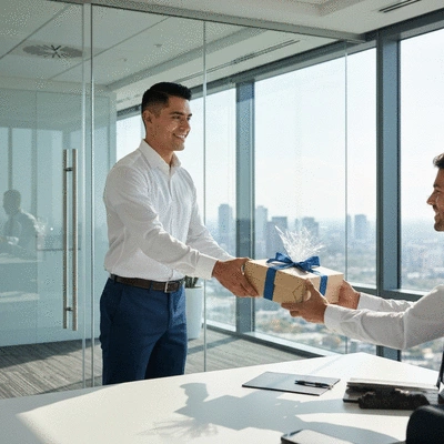 Professional setting with a client receiving a beautifully wrapped gift from a business partner, symbolizing strong client relationships