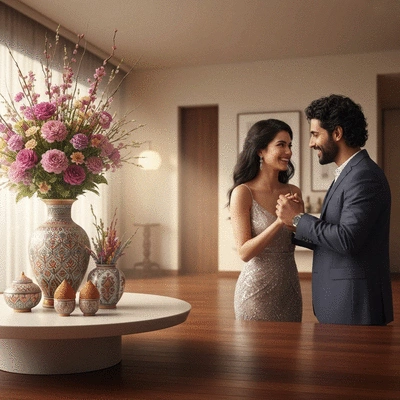 Couple celebrating anniversary with a floral centerpiece featuring traditional elements in Dubai.