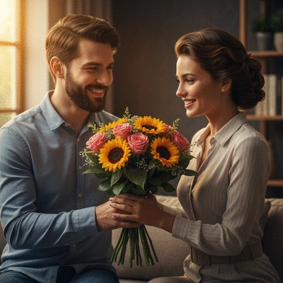 Couple happily receiving a bouquet of anniversary flowers