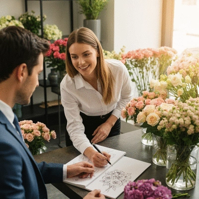 Professional florist consulting with a client about custom corporate floral arrangements
