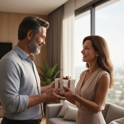 Couple exchanging unique anniversary gifts in a modern Dubai setting