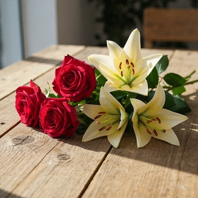 Beautiful bouquet of fresh roses and lilies on a wooden table, soft natural light, romantic setting