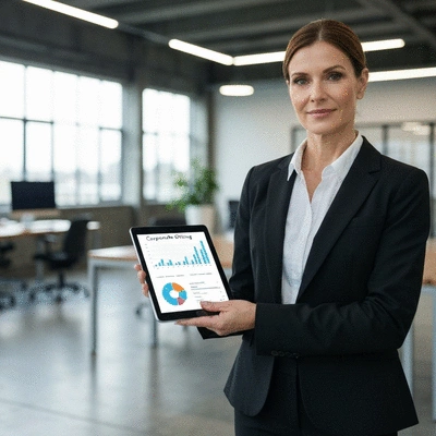 Business professional analyzing corporate gifting data on a tablet