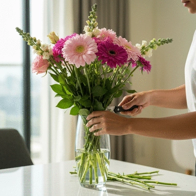 Person arranging a fresh bouquet of flowers in a vase in a sunny Dubai apartment, with a focus on cutting stems and adding water