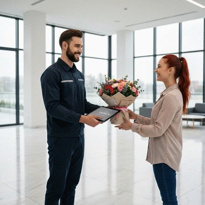 Professional delivery person handing over a beautifully packaged flower bouquet in an office lobby