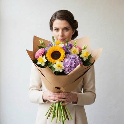 Person holding a beautifully wrapped eco-friendly flower bouquet, no text, no words, no typography