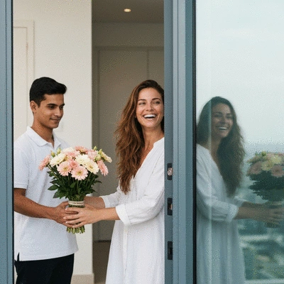 Person happily receiving a fresh flower delivery at their door