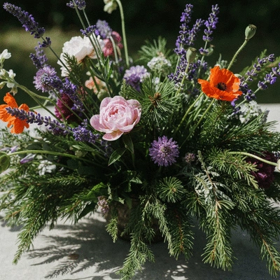 Close-up of a rustic wedding centerpiece featuring locally sourced, organic flowers and greenery, natural light, no text, no words, no typography, 8K