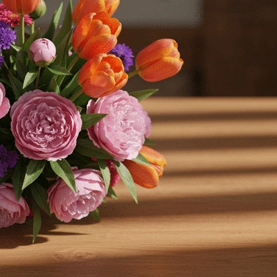 Close-up of a vibrant bouquet of anniversary flowers with a gift box and a personalized card