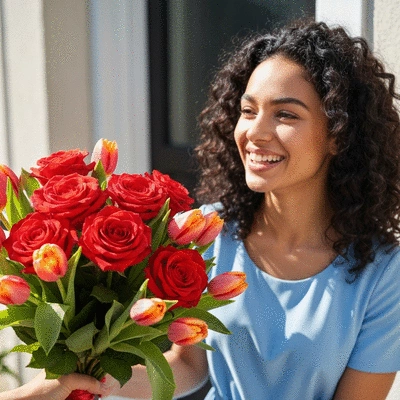 Beautiful flower bouquet being delivered to a smiling woman